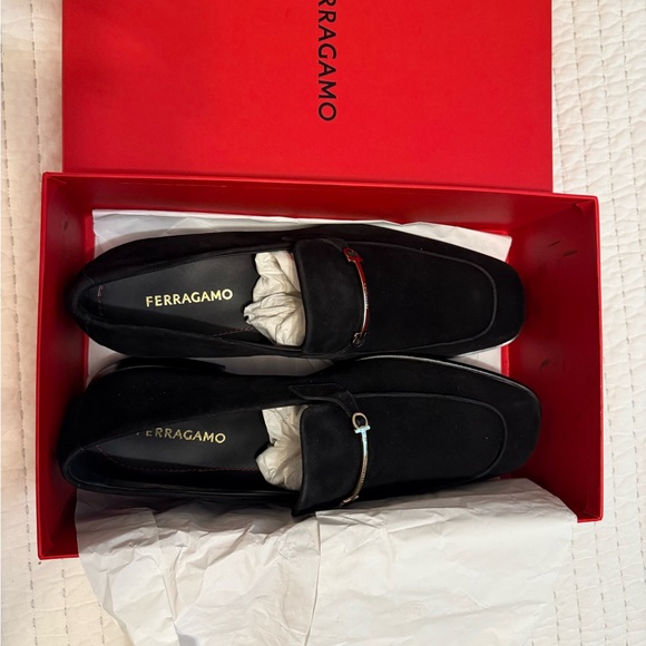Salvatore Ferragamo Black Leather Loafers with Metallic...
